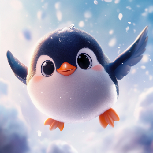 Whimsical penguin dances under fluffy, pastel skies
