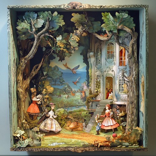 Whimsical shadow box diorama with cut-out illustrations