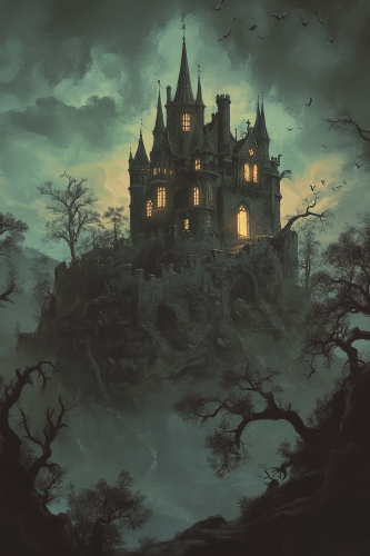 Whimsical spooky castle on hill in dark forest.
