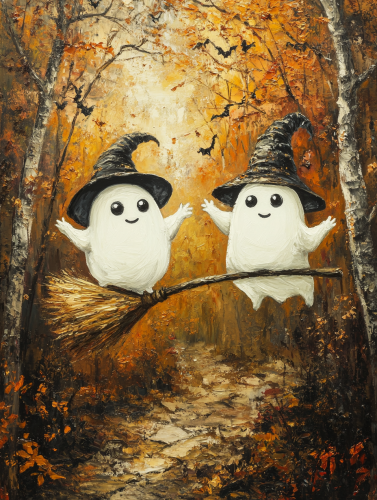 White ghosts on broomstick in autumn forest, oil painting