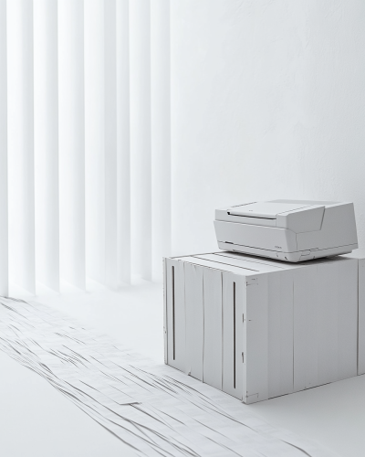 White printer on crate with long paper ribbons