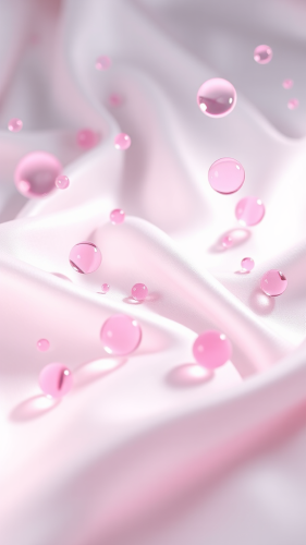 White satin background with pink floating molecules