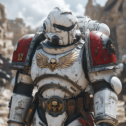 White space marine with red shoulder plates, armed.