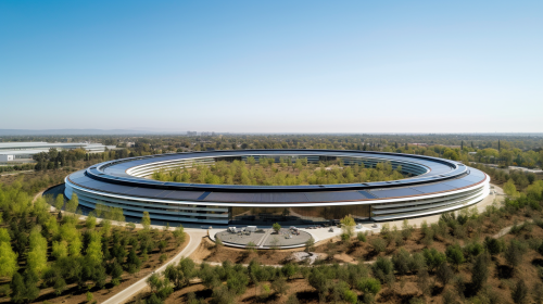 Wide-angle photo of Apple Park in Silicon Valley.
