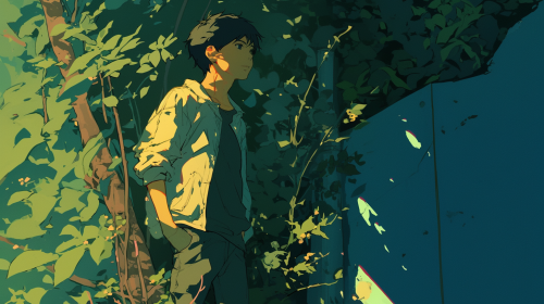 Wild, thin young man skateboarding in forest. Long hair, beard.