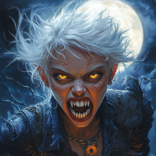 Wild-haired girl with sharp teeth under moonlight
