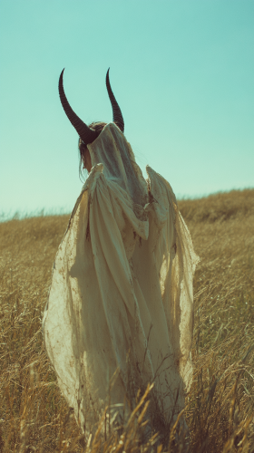 Winged woman with horn in shabby white clothes. Sky.