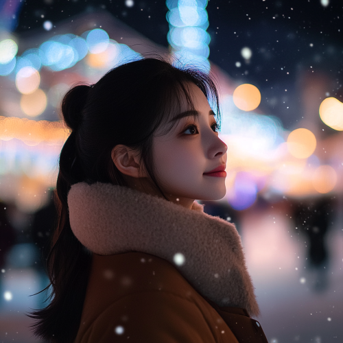 Winter night in a snowy Nordic town, festival square