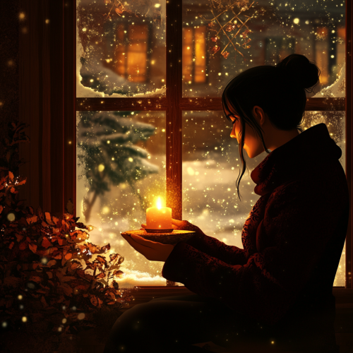 Winter window with snow, candle warmth inside
