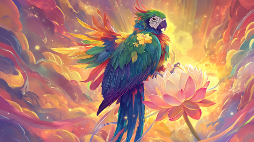 Wise Bodhisattva parrot on lotus flower, vivid landscape.