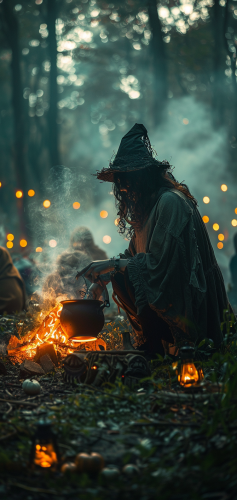 Witch brewing potion in cauldron under night sky