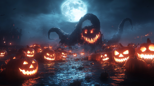 Witch kraken with pumpkins in foggy ocean