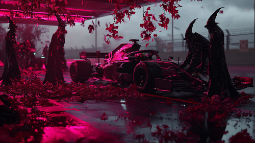 Witches Painting a Halloween Themed Formula One Car