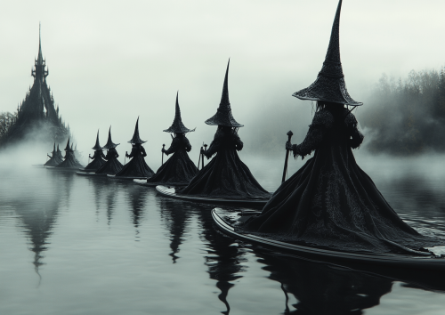 Witches on Boats in Misty Lake