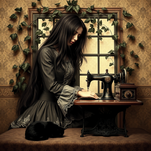 Witchy Woman Sewing with Cat in Victorian Room