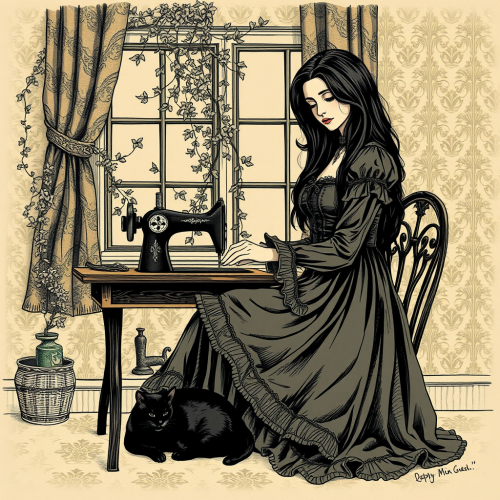 Witchy Woman Sewing with Sleeping Cat
