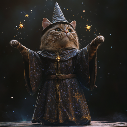Wizard cat in starry robe floats whimsically. Wizard cat in starry robe floats whimsically.