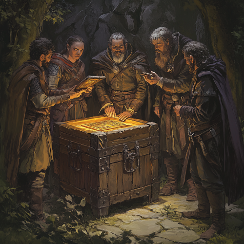 Wizard examining tablet with torch, adventurers around broken chest.