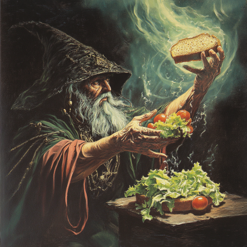 Wizard making magical sandwich with floating ingredients