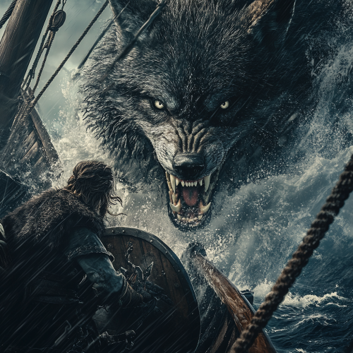 Wolf attacks Viking ship in stormy weather