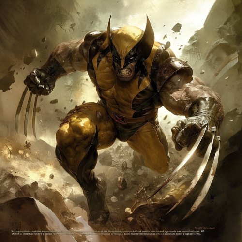Wolverine em traje amarelo e preto, pronto para batalha.