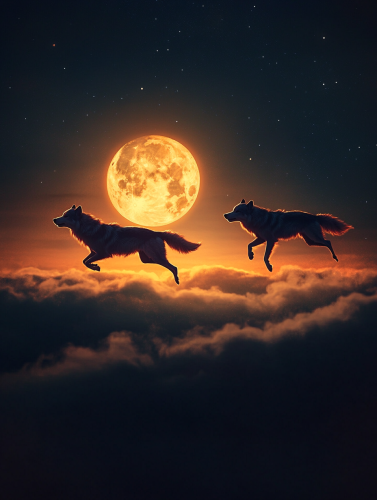 Wolves chasing sun and moon in dark sky
