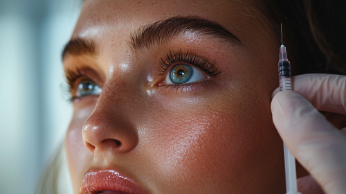 Woman's emotionless expression during botox injection.