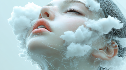 Woman's head cut in half, obscured by clouds.