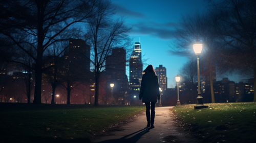 Woman Alone Among Glowing City Lights