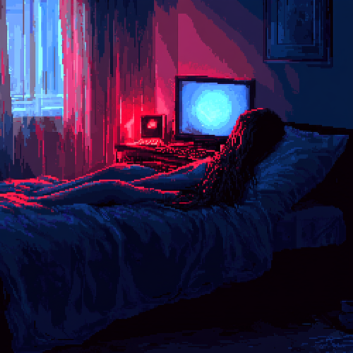 Woman Relaxing in Neon Lit, Film Noir Bedroom