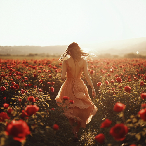 Woman Running Through Blooming Rose Field