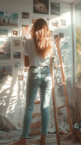 Woman arranging photos on inspiration wall in home studio