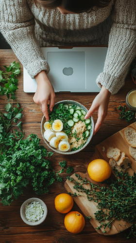 Woman arranging smoothie bowl in cozy breakfast nook