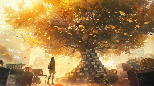 Woman climbing desk tree, golden leaves symbolize success. Woman climbing desk tree, golden leaves symbolize success.