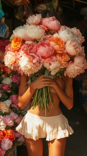 Woman holding colorful bouquet at flower market