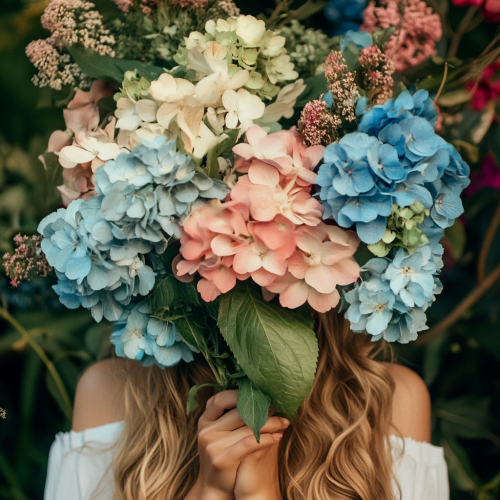 Woman holds colorful flowers in front of face