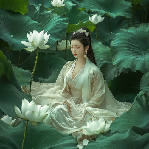 Woman in Hanfu on lotus leaf, surrealistic, mysterious atmosphere.