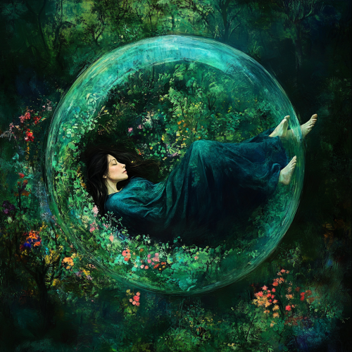 Woman in bubble: serene in colorful forest, dark beyond.