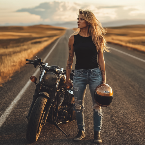 Woman in full black blank t-shirt, motorcycle, sunset