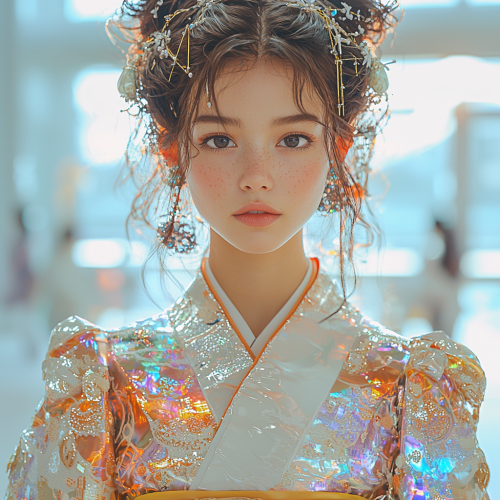 Woman in futuristic kimono with holographic material, hairpins.