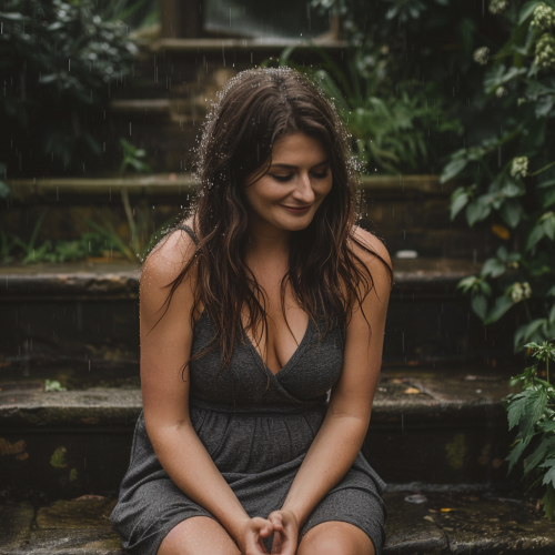 Woman in grey dress smiling on rainy stairs