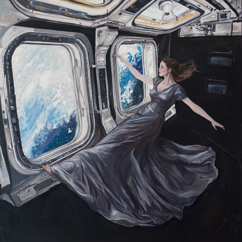 Woman in long dress floating in space station habitat.