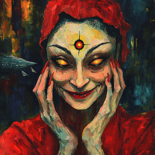 Woman in red robe with wide grin, third eye, claws, ghostship.