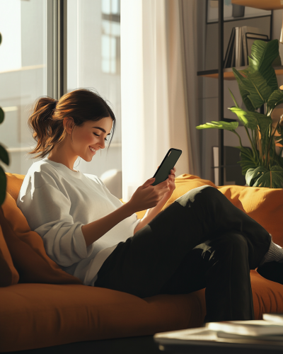 Woman in thirties downloading app on iPhone 15.