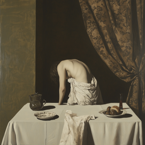 Woman in white linen half in table painting