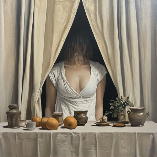 Woman in white linens emerges from table