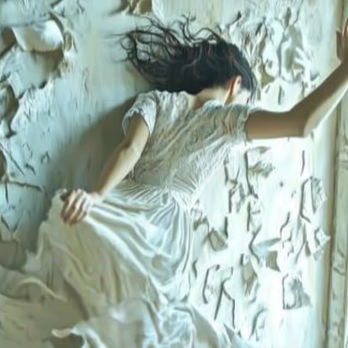 Woman in white painting with dramatic brushstrokes