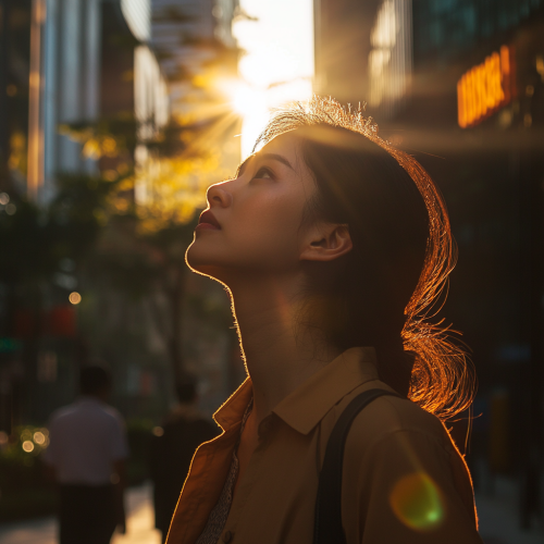 Woman in work clothes looks energized walking in Singapore.