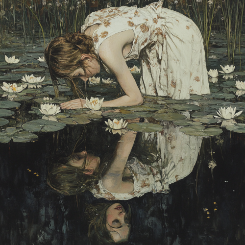 Woman looks at reflection, sees twin in pond.