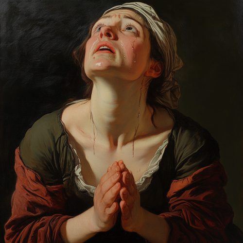 Woman mourns in Baroque-style painting: intense sorrow depicted